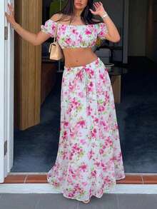 Lucivie 女士浪漫露肩碎花两件套 | 荷叶边短款上衣和长裙套装，性感优雅的春夏度假约会装 - 粉色 - 查看 4