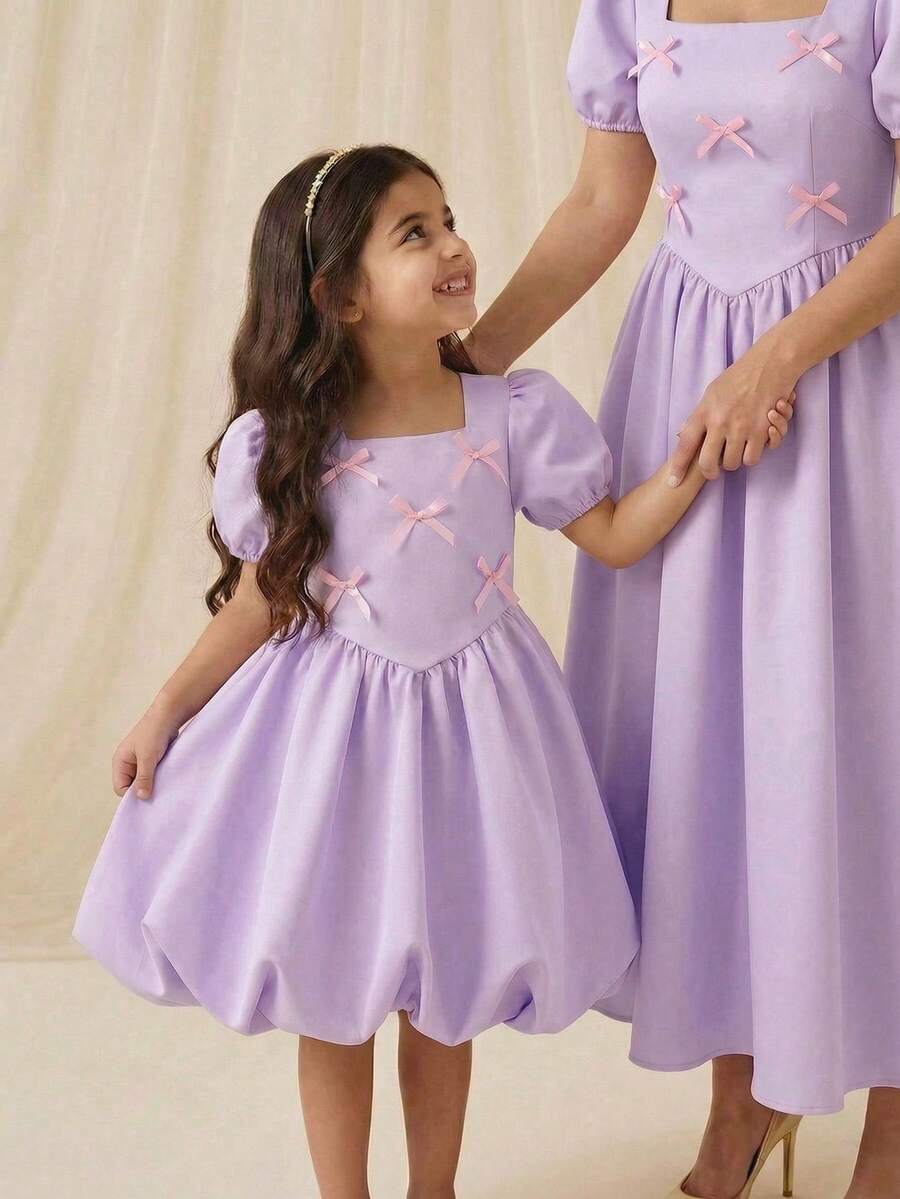 Glamorique Kids 1件装女童方领短泡泡袖蝴蝶结装饰粉色可爱优雅休闲连衣裙，适合日常外出、旅行、聚会、夏季穿着，面料柔软舒适，2026春夏新款 - 淡紫色 - 查看 1