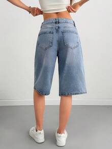 SHEIN Low Waist Embroidery Detailed Denim Bermuda - Light Wash - View 2