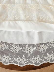 SHEIN Vintaside Kids Girls' Sweet French Style Hollow Back + Cap Sleeve Floral Embroidered Mesh Dress, Summer Cream Girls Dress Little Girl Lace Dress Lace Dress For Kids Girls Ivory Dress Heirloom Dress Girls - White - View 8