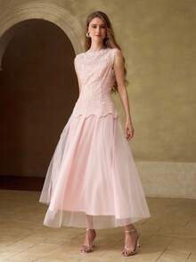 MOTF PREMIUM SUMMER DESIGN MESH PATCHWORK SLEEVELESS CONTRAST GUIPURE LACE ELEGANT ELEGANT PLEATED DRESS FOR WOMEN - Pink - View 6