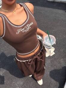 Muchica 女士字母印花上衣和字母印花抽绳阔腿裤休闲两件套 - 棕色 - 查看 6