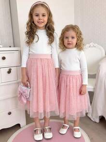 SHEIN Young Girl Sequin Mesh Casual Summer Skirt - Pink - View 3