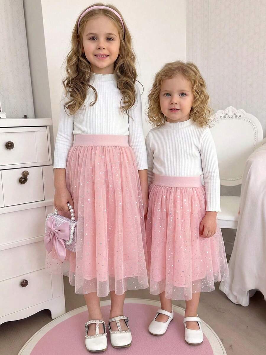 SHEIN 少女亮片网纱休闲夏季半身裙 - 粉色 - 查看 1