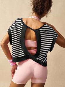 VARSIVA Áo tập thể dục nữ, áo thun và áo tank top thể thao kẻ sọc thời trang, thích hợp cho mùa hè. - Đen và trắng - Xem 4