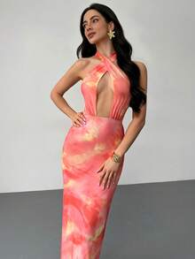 Aloruh 春夏新款优雅浪漫度假情人节婚礼露背蝴蝶结深V领橙色渐变印花紧身长裙，渐变印花长裙，沙滩度假长裙，性感度假长裙，粉橙印花长裙 - 橘色 - 查看 3