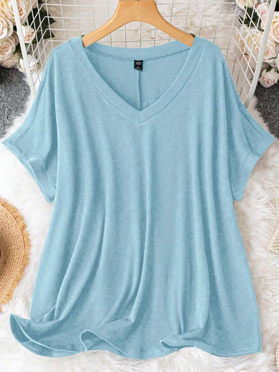 SHEIN CURVE+ Đầm thun dệt kim dáng rộng, cổ chữ V, tối giản, cỡ lớn, kiểu dáng thường ngày. - Màu xanh nhạt - Xem 1