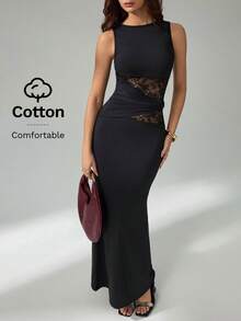 SHEIN Tall 女士黑色优雅蕾丝拼接真挚长裙，舒适弹力棉质面料，新年优雅女士派对礼服 - 黑色 - 查看 3