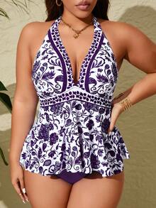 Swim Lushoire Plus Size 2pcs Multicolor Printed Spaghetti Strap Backless Bikini Set - Purple - View 1