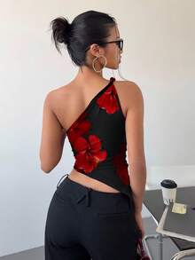 Siren Gaze 休闲优雅性感红黑撞色花卉印花不对称下摆扭纹前开襟衬衫，适合夏季、派对、度假 - 彩色 - 查看 2