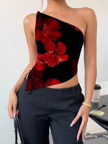 Siren Gaze 休闲优雅性感红黑撞色花卉印花不对称下摆扭纹前开襟衬衫，适合夏季、派对、度假 - 彩色 - 查看 8