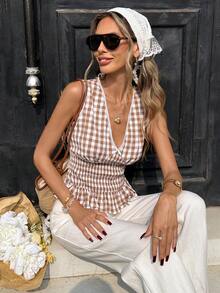 Pariaura 女士法式优雅度假休闲V领蕾丝拼接格子背心 - 卡其色 - 查看 4