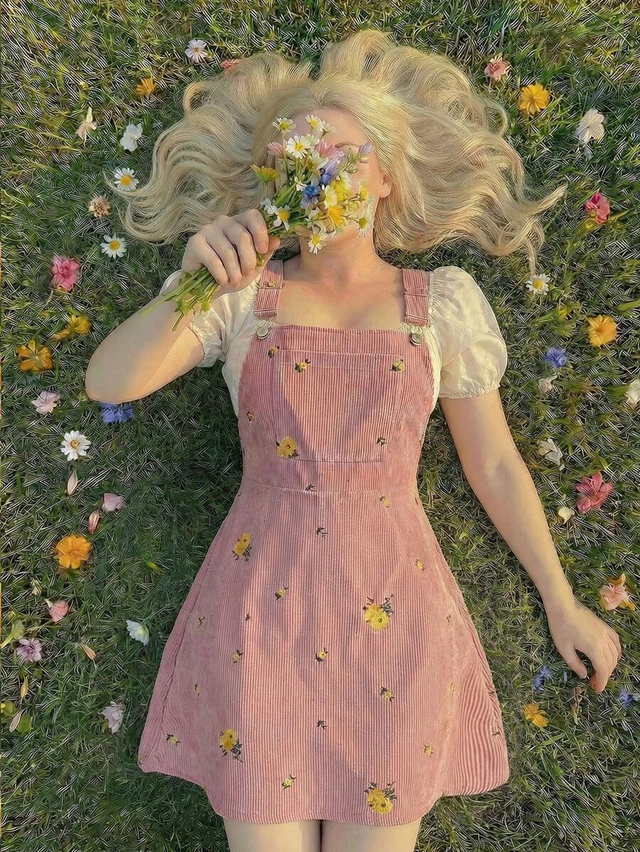 SHEIN MOD Váy yếm thêu hoa nhung kẻ cỡ lớn thu đông có dây đeo có thể điều chỉnh, mặc như váy len - Hồng - Xem 1