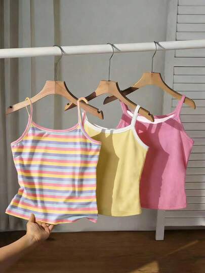 Bộ 3 áo hai dây cho bé gái tuổi teen, nhiều màu sắc, kẻ sọc và trơn, kiểu dáng thoải mái cho mùa xuân/hè, phù hợp cho hoạt động ngoài trời, thể thao, chụp ảnh, du lịch, làm quà tặng.