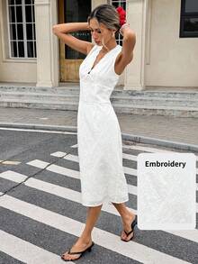 Serisse 女士夏季度假风简约纯色露肩深V领无袖收腰连衣裙 - 白色 - 查看 2