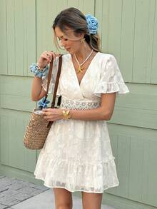 Serisse Women Elegant Holiday Casual Solid Color  V-Neck Ruffle Sleeve Cut Flower Chiffon Casual Dress With Lace Embroidery And A-Line Hem,Vacation Style,Jacquard Textured Babydoll Dress,Romantic Jacquard Flower Summer Dress,Ruffled Dress,Summer Dresses For Women Vacation Outfits Woman Beach Outfits For Woman Dresses For Women Elegant  Business Casual Woman,Casual Dresses For Women Summer Vacation Outfits Wedding Guest Dress For Women Carnival Dress - Apricot - View 5