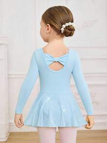 Robe de danse en maille tricotée bleue avec sequins pour jeunes filles, style mode outdoor. Justaucorps de danse ajusté avec nœud papillon dans le dos, stretch doux - Bleu azur - Voir 3
