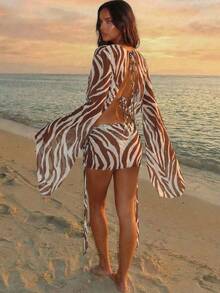 Aloruh 女士春夏新款斑马纹雪纺连衣裙，深V领长袖连衣裙，夸张喇叭袖，优雅性感透视度假连衣裙，沙滩裙 - 彩色 - 查看 7