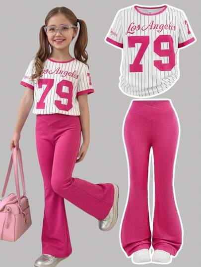 SHEIN 少女休闲运动套装，“洛杉矶”79号图案印花，运动时尚，粉色短袖T恤和喇叭裤两件套，适合夏季穿着