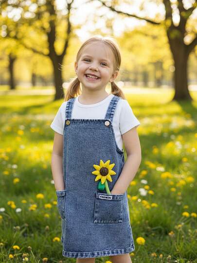Young Girls' Denim-Inspired 2-Piece Set, Featuring A Soft Ribbed Tank Top And Adjustable Denim Pinafore Dress With Pockets And Sunflower Decor, Casual And Age-Appropriate For Daily Wear, School, Weekends, Family Gatherings, Suitable For Spring/Summer