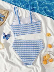 少女条纹比基尼套装，休闲两件式泳衣，三角泳裤设计，适合度假、海滩、夏季穿着。 - 藍色 - 查看 2