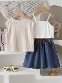 Elladie kids Conjunto de 3 piezas para niñas pequeñas: Blusa sin mangas con aplicación floral elegante y casual + Camiseta blanca simple y cómoda + Falda vaquera casual - Multicolor - Ver 2