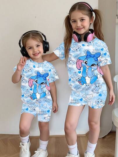 2pcs/Set Cartoon Print Short Sleeve T-Shirt And Shorts Casual Outfit For Young Girls