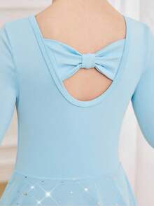 Robe de danse en maille tricotée bleue avec sequins pour jeunes filles, style mode outdoor. Justaucorps de danse ajusté avec nœud papillon dans le dos, stretch doux - Bleu azur - Voir 4
