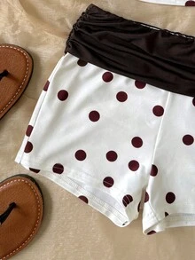 SHEIN Bộ đồ thể thao cho bé gái tuổi teen, gồm áo hai dây và quần short phối màu chấm bi, thoải mái và tối giản. - trắng - Xem 3