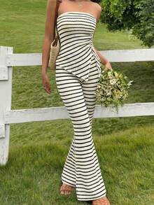 SHEIN Teen Girls Black & White Knitted Jacquard Cropped Camisole & Asymmetrical Hem Flared Pants 2 Pieces Casual Vacation Set - Black and White - View 8