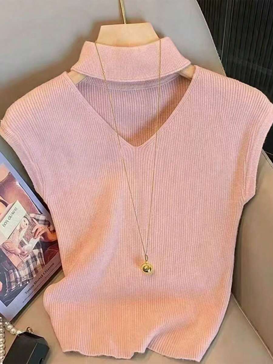 Resyla Atasan Rajut Wanita Elegan Minimalis Warna Polos dengan Potongan Leher, Cocok untuk Pemakaian Sehari-hari dan Bepergian - Baby Pink - View 1