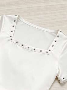 Elenzga Áo liền thân nữ thanh lịch, thoải mái, cổ vuông, đính đinh tán, phối vải, kèm nơ thắt lưng. - trắng - Xem 5