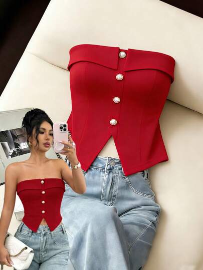 Elenzga Women's Spring/Summer Red Knit Tube Top With Pearl Button Decor, Sexy & Elegant For Daily Wear And Dates