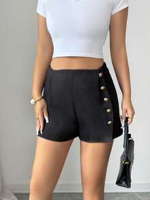 SHEIN Elenzya Elegant Summer Casual Asymmetrical Waistband Design Button Decor Black Women Shorts - Black - View 7