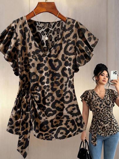 GlowEve CURVE Plus Size Women Leopard Print Asymmetric Tie Strap Flutter Sleeve V-Neck Casual Blouse, Romantic For Spring/Summer