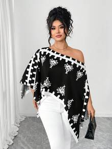 Elenzga Plus Size Women Print Asymmetrical Shoulder Asymmetrical Hem Blouse, Spring/Summer - Black and White - View 1