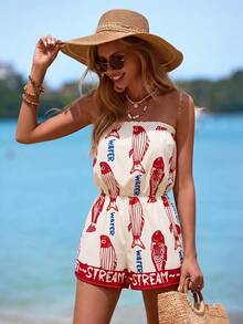 Swim Vcay Women's Spring/Summer New Ocean Fish Print Beach Halter Jumpsuit Coverup, Tropical Vibe, Beach Party, Pool Party, Holiday Party, Spring Break, Boho Style, Women's Summer Casual Beach Vacation - Burgundy - View 4