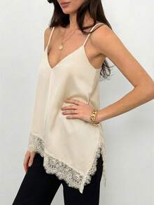 Aloruh Women's Lace Patchwork Asymmetrical Hem Ruched Camisole Top, Versatile For Daily Wear - Beige - View 6