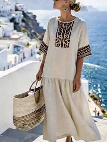 Wandoria Women's Beige Summer Boho Vacation Holiday Dress,Elegant Khaki Floral Print Round Neck Mid-Sleeve Ankle-Length Urban Chic Daily Wear Wedding Gala - Apricot - View 3