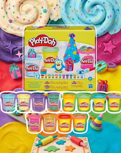 Hasbro Modeling Clay Set 12 Pack Celebration Colors, Includes Confetti & Glitter Style Cans, Soft Dough For Kids Creative Play, Perfect Party Favors, Classroom Gifts, Sensory Fun, Age 2+
