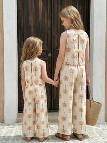 SHEIN 2pcs Girls Coconut Tree Print Bow Backless Camisole And Wide Leg Pants Set Summer Linen Set Linen Two Piece Set Palm Tree Print Jumpsuit Baggy Mother And Daughter Sleeveless Top And Pants Set - Apricot - View 3