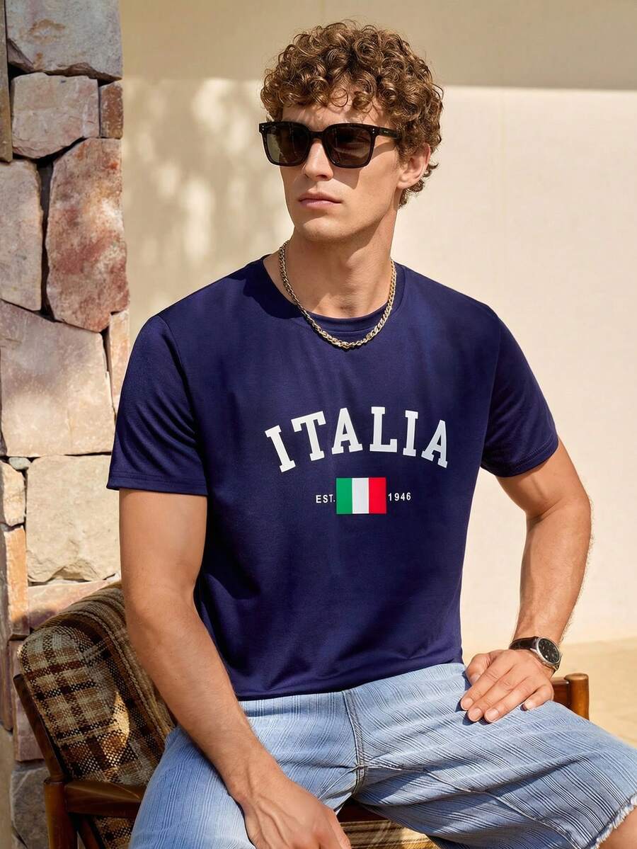 Manfinity CityGents Men's Summer Letter Print Round Neck Short Sleeve Casual T-Shirt - Royal Blue - View 1