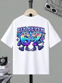 Camiseta de manga corta con estampado gráfico de rayo, estrella y letra para niños preadolescentes, estilo casual y creativo con degradado de píxeles cibernéticos, cómoda para usar a diario en primavera, verano y otoño - Blanco - Ver 3