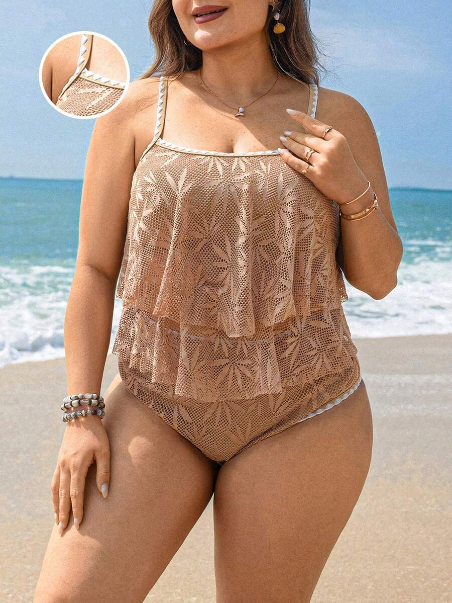 Swim Lushoire 大码女式树叶纹理印花吊带泳衣 - 咖啡棕 - 查看 1