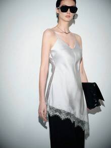 Lumivelle Women's New Arrival Spaghetti Strap Dress, Women's Pique Dress, Lace Patchwork Dress, Women's Spaghetti Strap V-Neck Dress, Asymmetric Hem Dress, Women's Elegant Date Dress, Women's Party Dress, Women's Wedding Guest Dress, Women's Fashion Street Style Dress, Sexy V-Neck Satin Pique Waist A-Line Lace Patchwork Elegant Romantic Dress - Silver - View 7