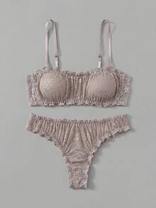 lacRébo 淡紫色蕾丝荷叶边内衣套装，含抹胸文胸和配套内裤，性感别致 - 灰色 - 查看 8