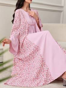 Al Najma Arabic Style Floral Print   Lace-Trimmed Dress With Round Neck, Bowknot, Flared Sleeves And Skirt, Spring/, Modest - Multicolor - View 8