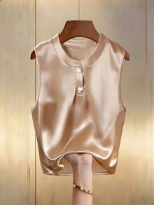 Lyxana Women's Summer Knit Round Neck Shiny Cady Sleeveless Champagne Commuter Metal Button Elegant Casual Versatile Tank Top - Champagne - View 1