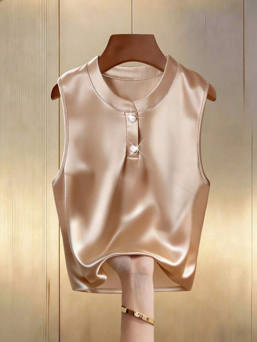 Lyxana Women's Summer Knit Round Neck Shiny Cady Sleeveless Champagne Commuter Metal Button Elegant Casual Versatile Tank Top - Champagne - View 1
