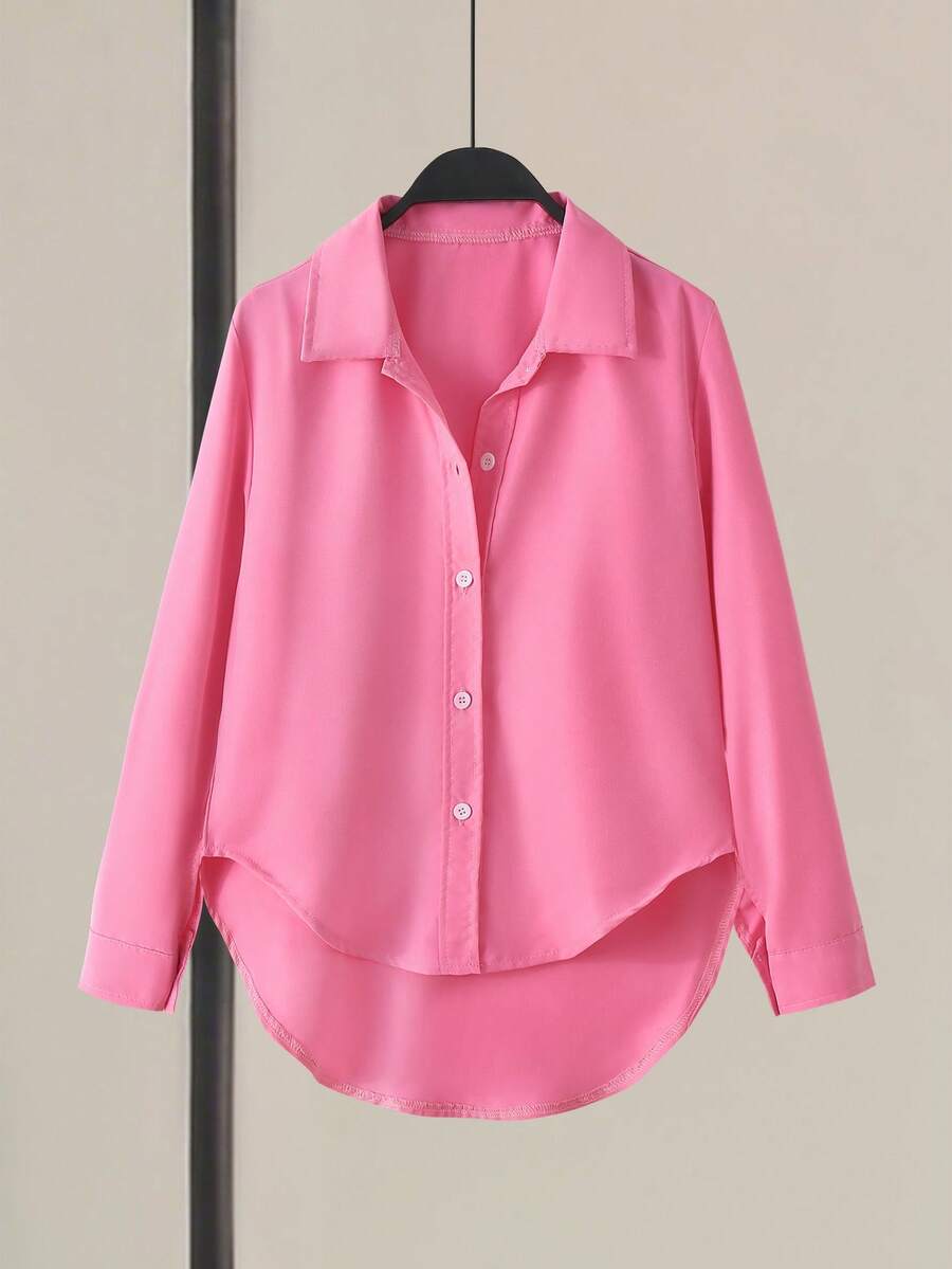 SHEIN Kemeja Longgar Kasual Ukuran Besar Panjang Sedang untuk Anak Perempuan Remaja - Hot Pink - View 1